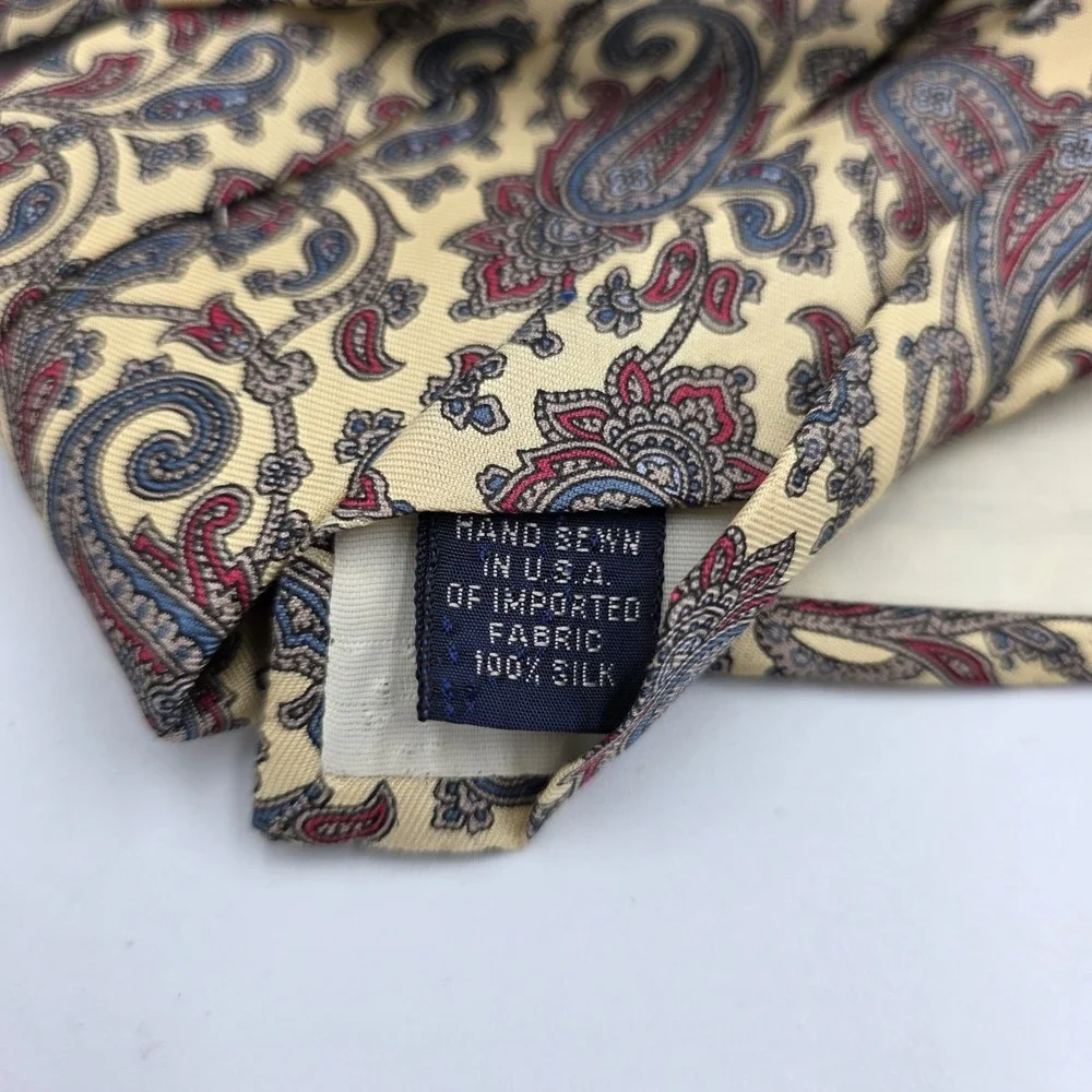 Vintage Land's End Necktie Yellow Red Blue  Paisley 100% Silk  57